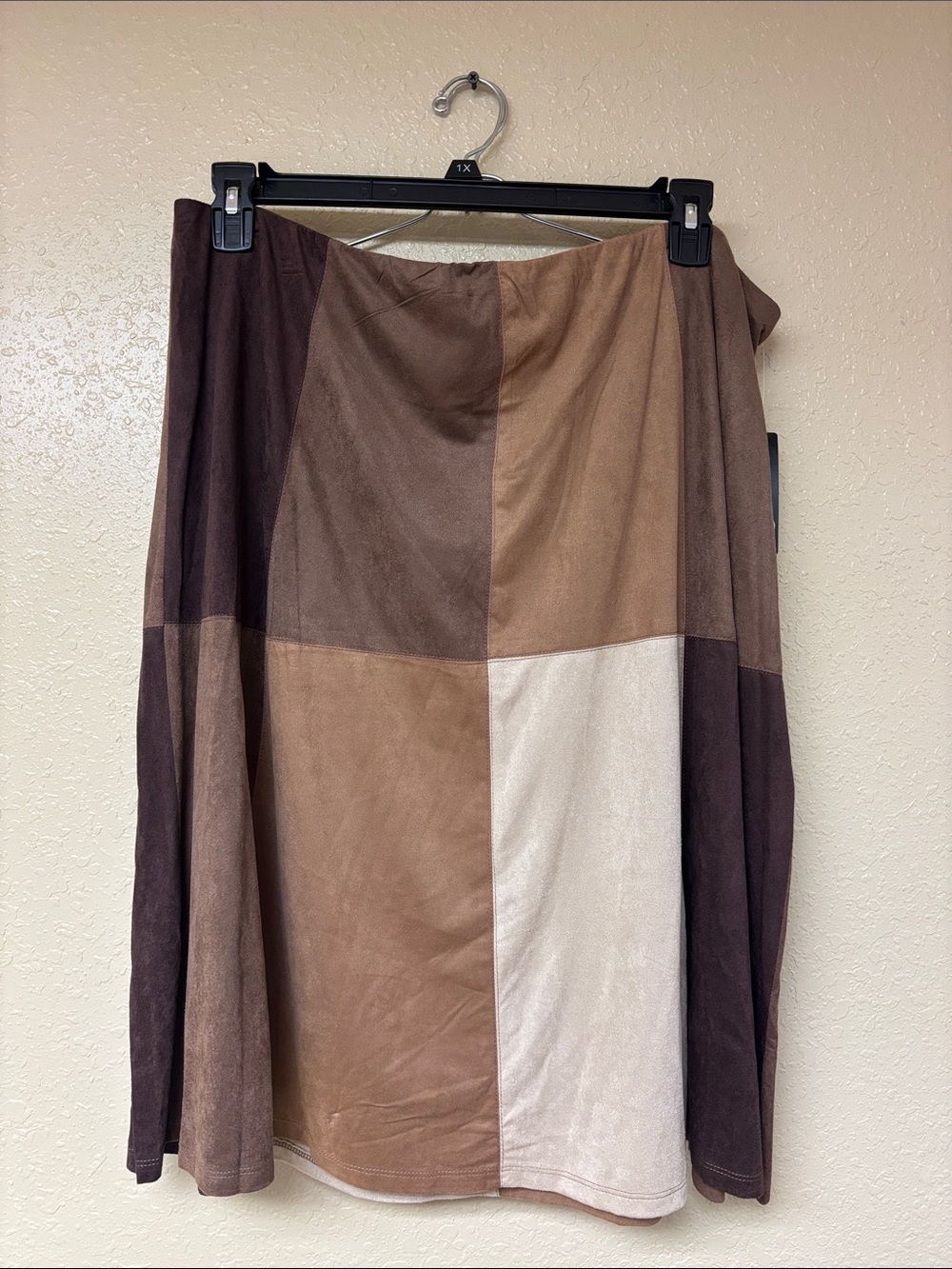 new directions Patchwork A-Line Midi Skirt in Brown and Cream